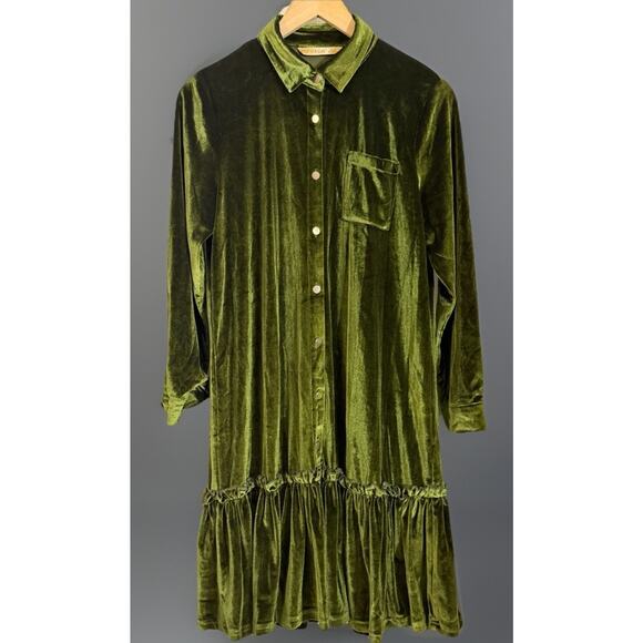 Elf Sack Velour Ruffle Hem Button Shirt Dress Green Velvet Y2K 90s Size S Small - Picture 1 of 4